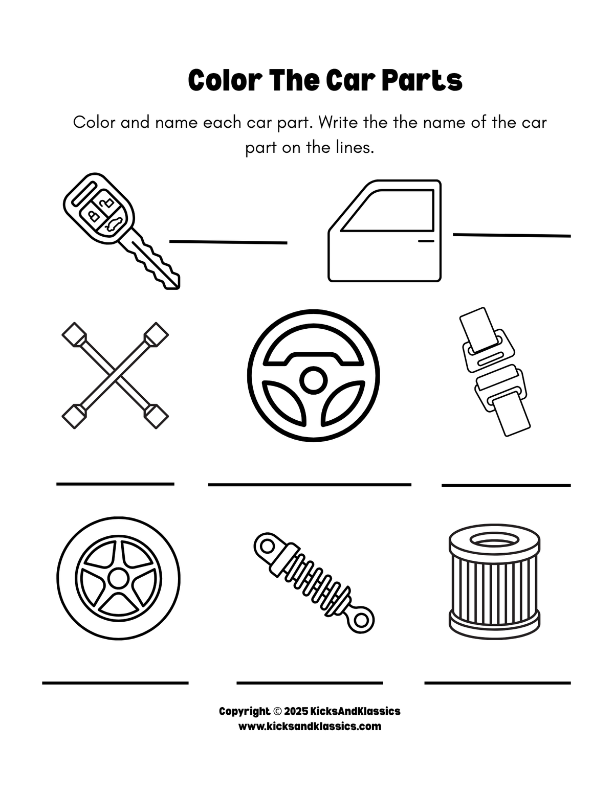 Color and Name the Car Parts (with Answer Key)