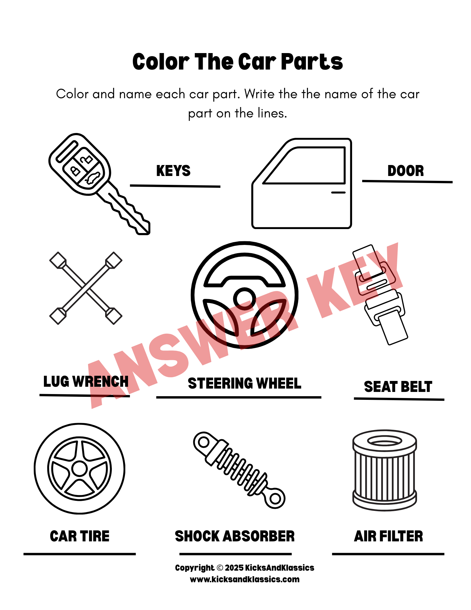 Color and Name the Car Parts (with Answer Key)